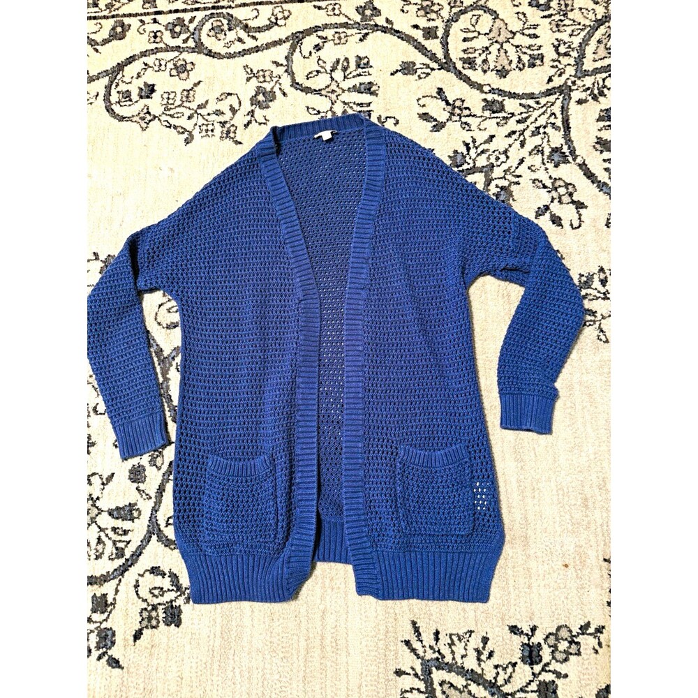 Gap Blue 100% Cotton Open-Knit Cardigan Open Front Long Sleeve Pockets M
